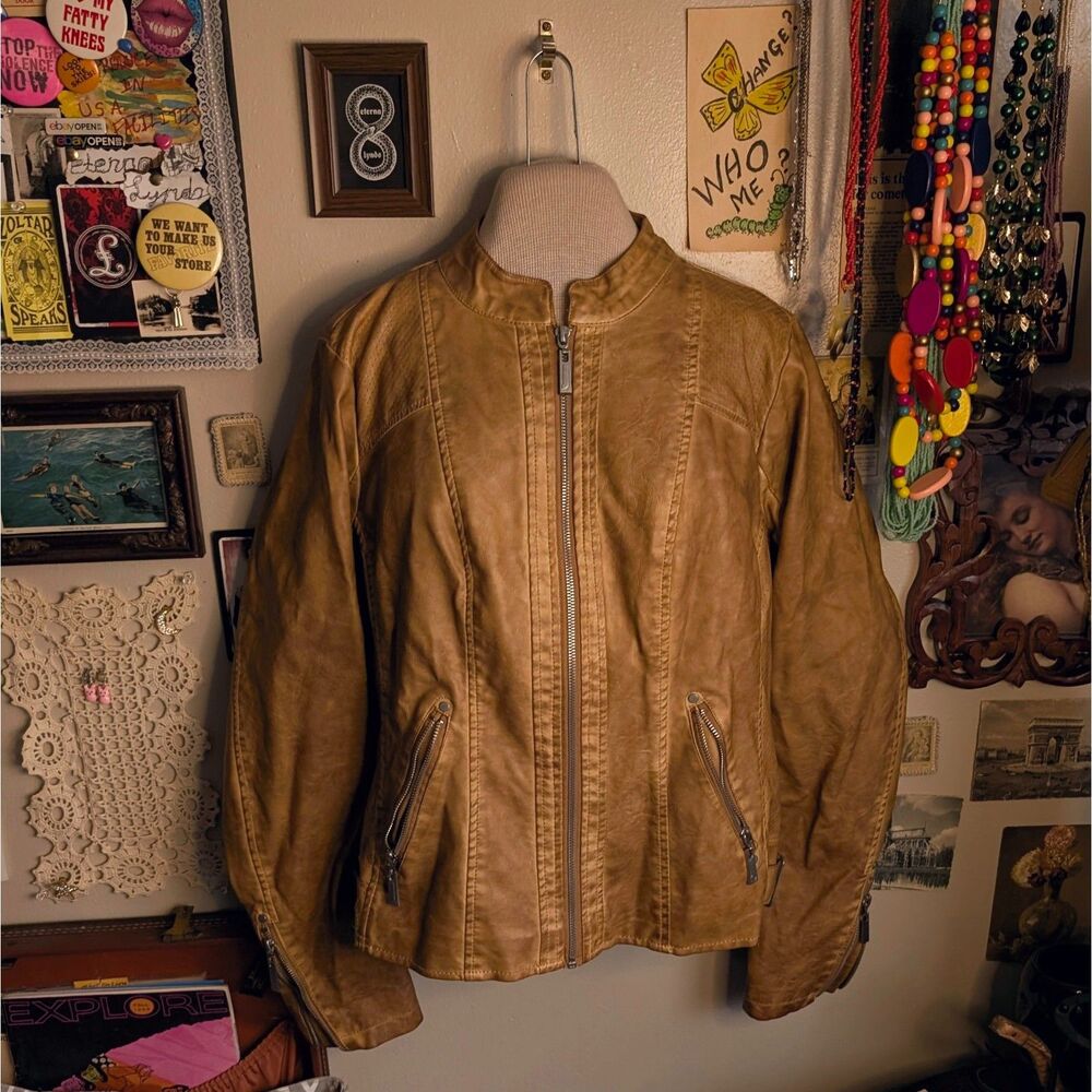 Faux Leather Motorcycle Jacket Women's Large Gold Brown